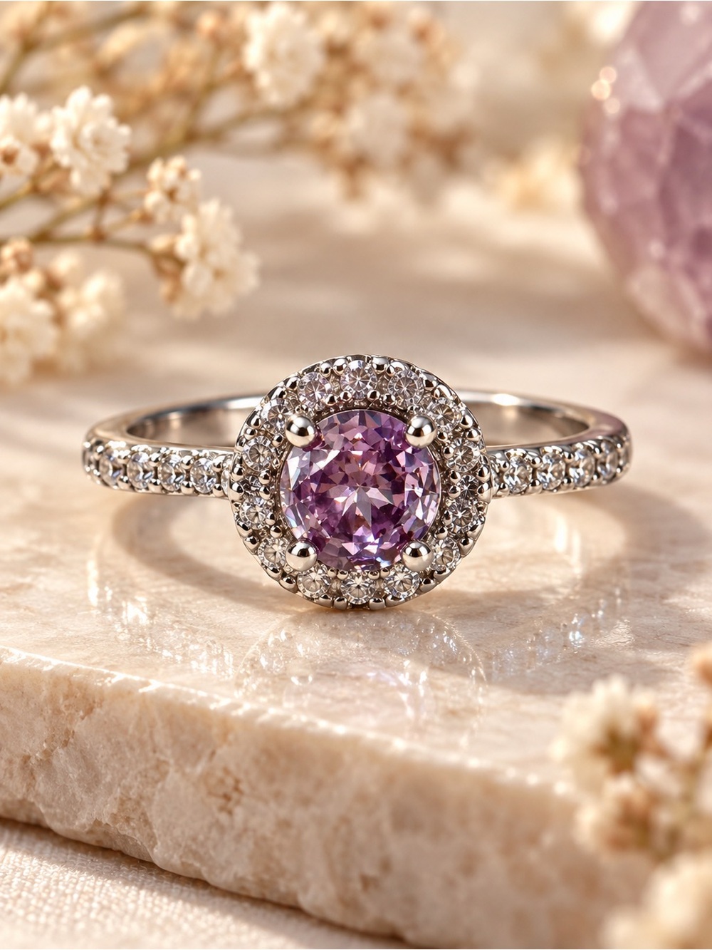 Purple Crystal Halo Adjustable Ring Silver Tone Sparkly Statement Jewelry